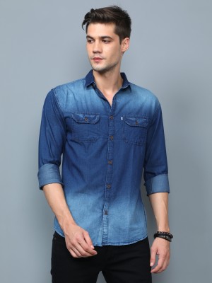 AIDAN PAUL Men Washed Casual Dark Blue Shirt