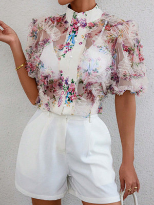 OUTZIDR Women Printed Casual White Shirt