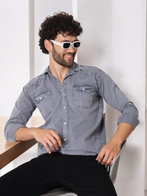 Double One Men Solid Casual Grey Shirt