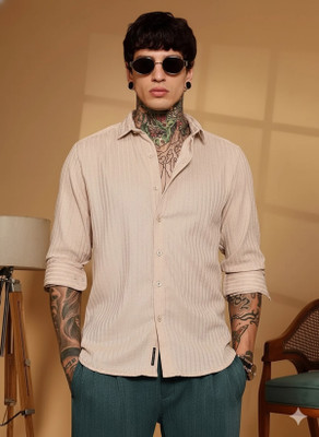 DEEMOON Men Solid Casual Cream Shirt