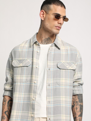 THE BEAR HOUSE Men Checkered Casual Grey, Light Blue, Beige Shirt