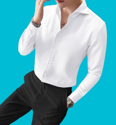 Jenny Fashion Men Self Design Casual White Shirt