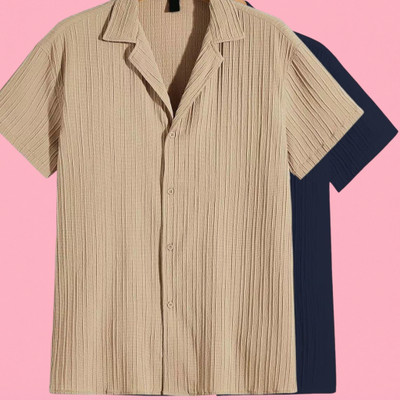 Looksky Men Self Design Casual Cream, Dark Blue Shirt(Pack of 2)