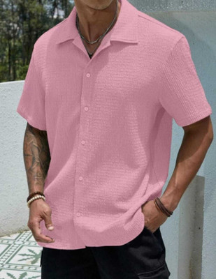 SHFASHION Men Self Design Casual Pink Shirt