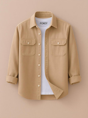 FOXEY Men Solid Casual Beige Shirt