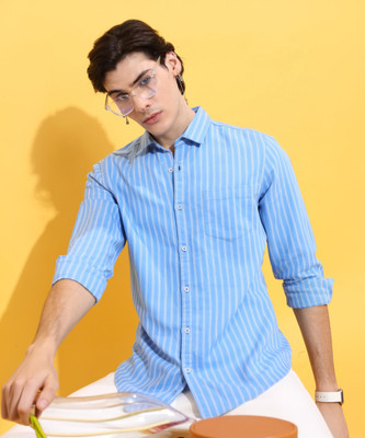 HIGHLANDER Men Striped Casual Blue Shirt