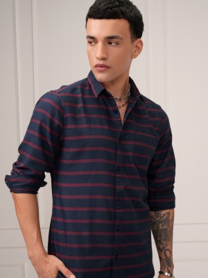 HIGHLANDER Men Striped Casual Dark Blue Shirt