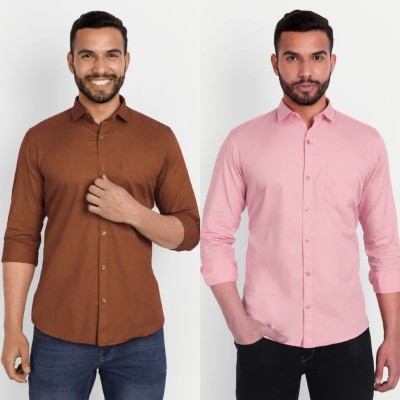 Rajmudra Men Solid Formal Brown, Pink Shirt(Pack of 2)