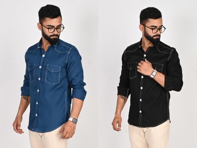 Dark Age Men Solid Casual Blue, Black Shirt(Pack of 2)