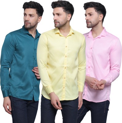 FILNECH Men Solid Casual Dark Blue, Pink, Yellow Shirt(Pack of 3)