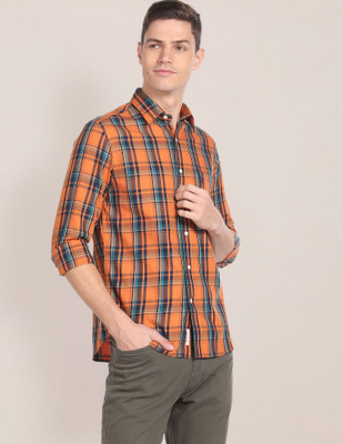U.S. POLO ASSN. Men Checkered Casual Orange Shirt