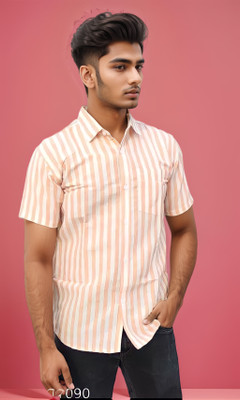 EVERYWEAR STRYPED Men Striped Casual Orange Shirt