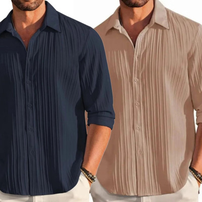 Helken Men Solid Casual Beige Shirt(Pack of 2)