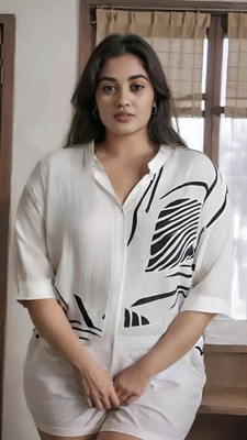 CADMON Women Printed Casual White Shirt