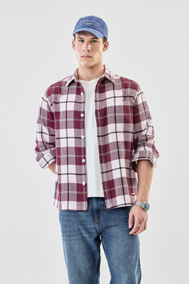 Snitch Men Checkered Casual Pink Shirt