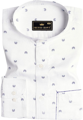 french crown Men Printed Casual White, Blue Shirt