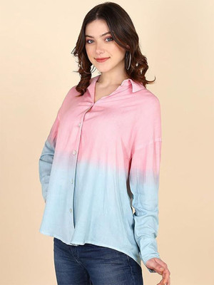 CORSICA Women Dyed/Ombre Casual Pink, Light Blue Shirt