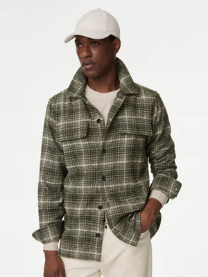 MARKS & SPENCER Men Checkered Casual Green Shirt