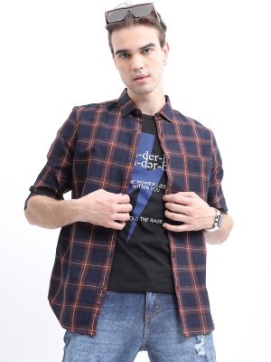 HIGHLANDER Men Checkered Casual Dark Blue Shirt