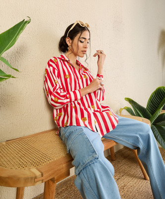 Uptownie Women Floral Print, Striped Casual Red Shirt