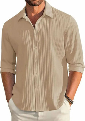 Tyzlo Men Striped, Self Design Casual Cream Shirt