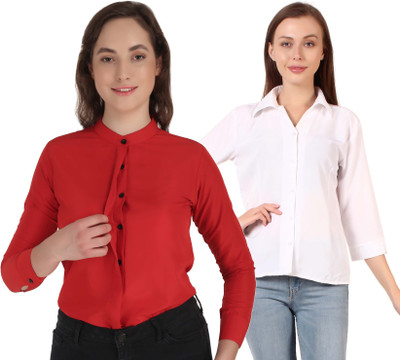 Mamnoon Women Solid Casual Pink, Red Shirt(Pack of 2)