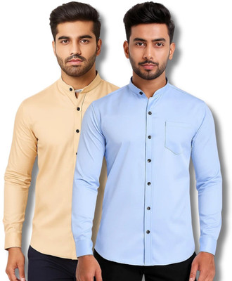 CROWNTAIL Men Solid Casual Orange, Light Blue Shirt(Pack of 2)