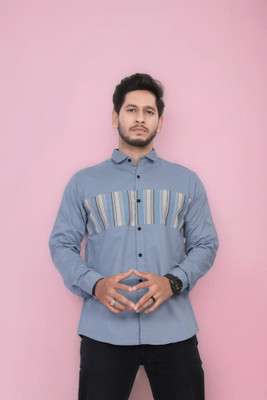 U AND J TREND Men Striped Casual Blue Shirt