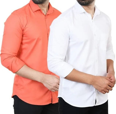 Hansroop Men Solid Casual White, Orange Shirt(Pack of 2)