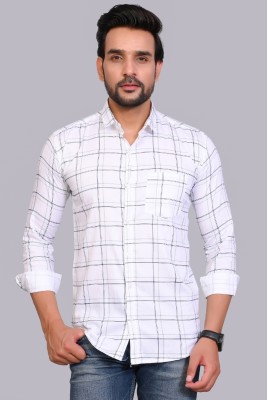 Studio-9 Men Checkered Casual White Shirt