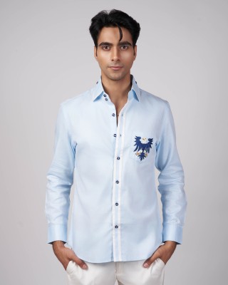 Kamez Men Embroidered Casual Blue Shirt