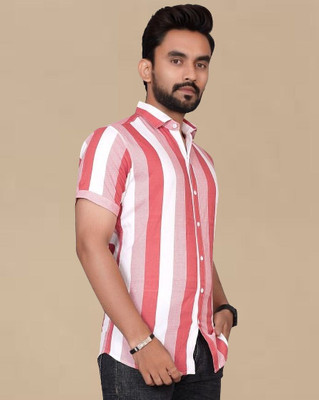 Tyzlo Men Striped Casual Pink, White Shirt