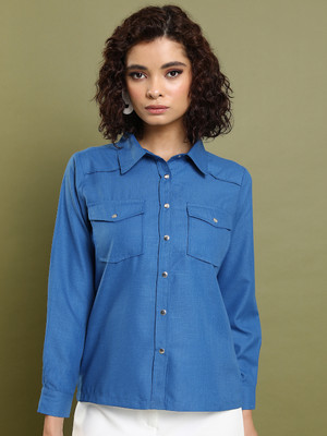 Tokyo Talkies Women Solid Casual Blue Shirt