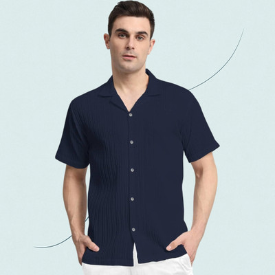METRON Men Self Design Casual Dark Blue Shirt