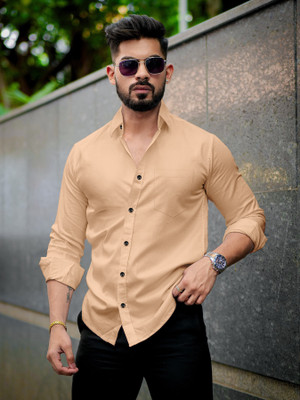 Shlok Men Self Design Casual Beige Shirt