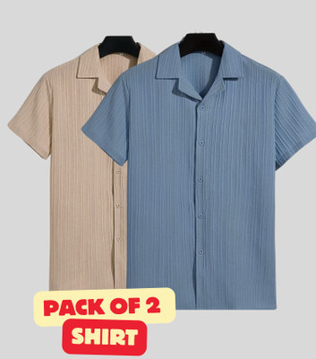 FUBACK Men Solid Casual Grey, Brown Shirt(Pack of 2)
