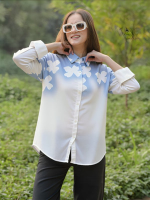 MAYKR Women Printed Casual Blue, White Shirt