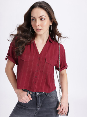 Glitchez Women Striped Casual Maroon Shirt