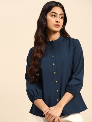 all about you Women Solid Casual Blue Shirt