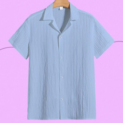 A DEEMOON TREND Men Self Design Casual Light Blue Shirt