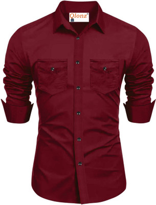 Qlonz Store Men Solid Casual Maroon Shirt