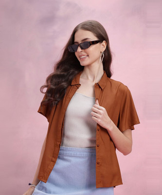Dressberry Women Solid Casual Brown Shirt