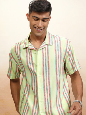 LOCOMOTIVE Men Striped Casual Green Shirt