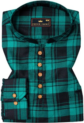 french crown Men Checkered Casual Black, Dark Green Shirt