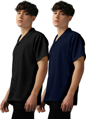 OXXOM Men Self Design, Striped Casual Black, Dark Blue Shirt(Pack of 2)