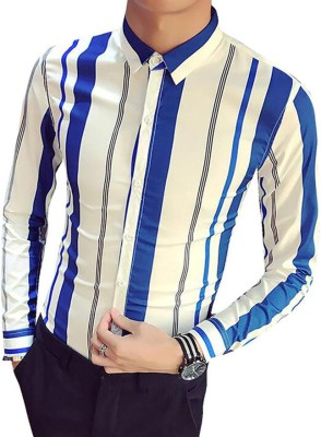 nobel fab Men Striped Casual White, Blue Shirt