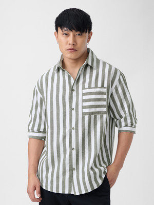 The Souled Store Men Striped Casual Grey, White Shirt