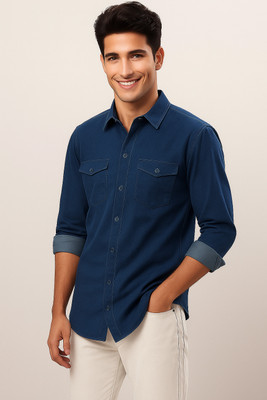 Coolking Men Solid Casual Dark Blue Shirt
