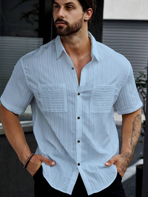 METRONAUT Men Self Design Casual Light Blue Shirt