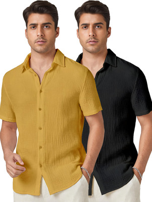 Webric Men Self Design Casual Yellow, Black Shirt(Pack of 2)